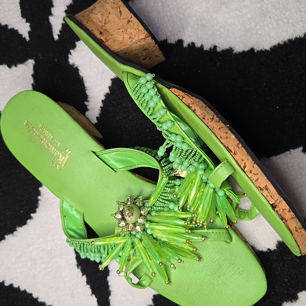Green Floral Embellished Sandals with Flat Footbed - Picture 6 of 9